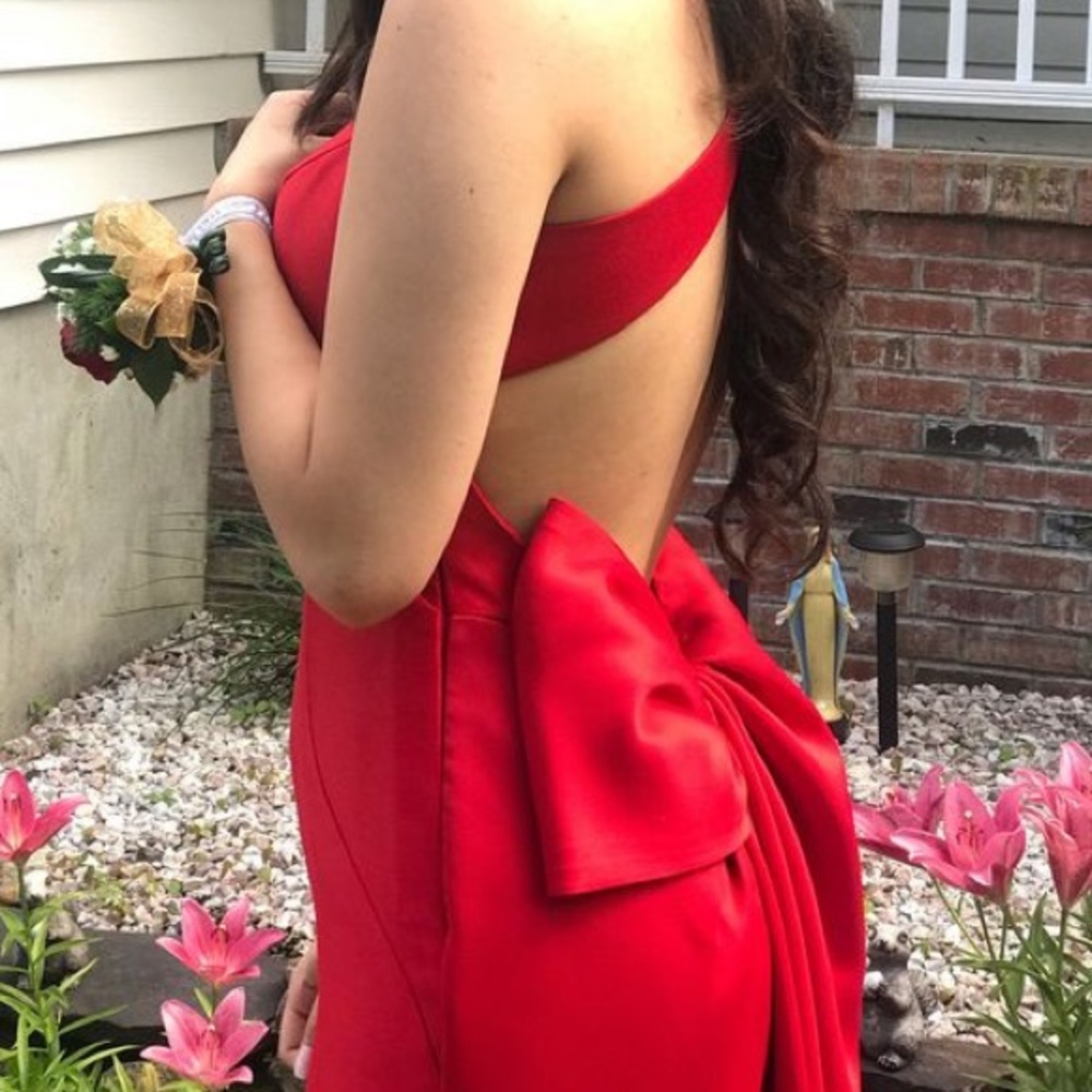 Azaria Red Backless Bow Gown With Thigh Slit